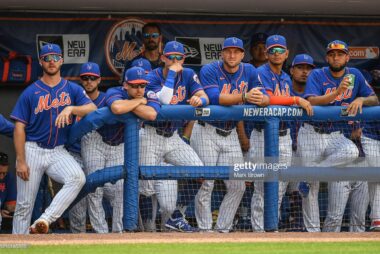 Multiple Different Players on the Mets look on from their dugout. They are wearing the Mets road Blue uniforms.